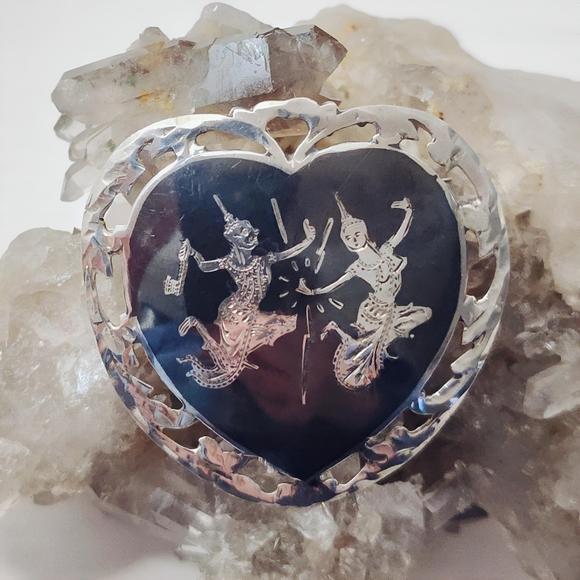 Antique Siam Nielloware Heart Brooch Pin w/ Ornate Diamond cutout edging - Picture 11 of 11